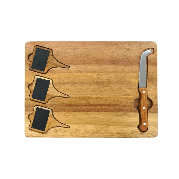 Plateau à fromage en bois avec ardoises et couteau - 32,5 x 23,5 cm