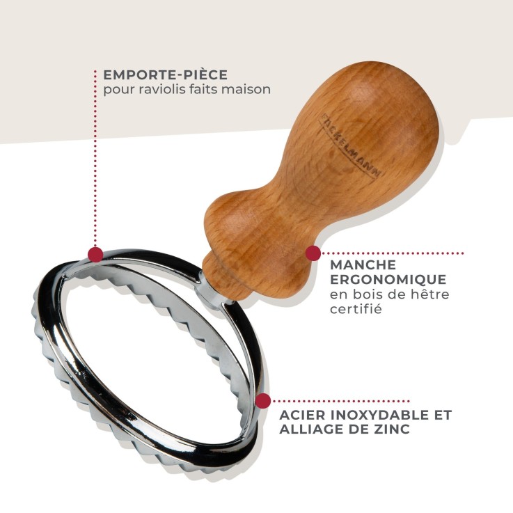 Emporte-pièce à raviolis Pizza & Pasta en inox et bois certifié FSC - 6,5 cm