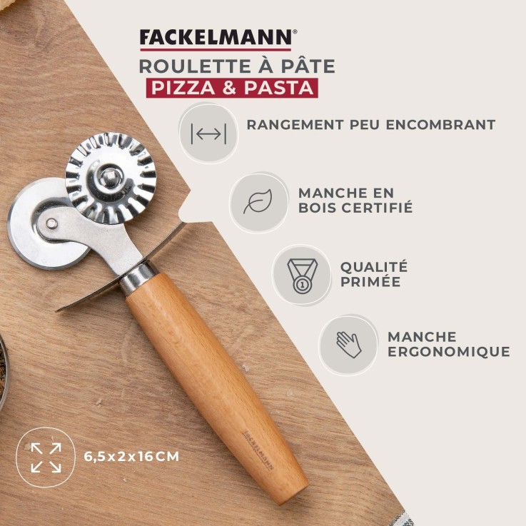 Roulette coupe-pâte double embout Pizza & Pasta en bois et inox - 16 cm