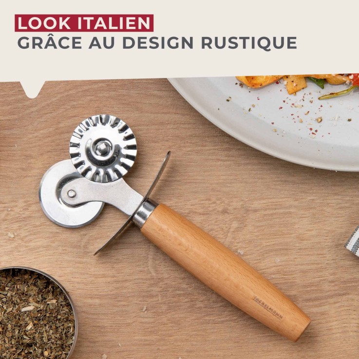 Roulette coupe-pâte double embout Pizza & Pasta en bois et inox - 16 cm