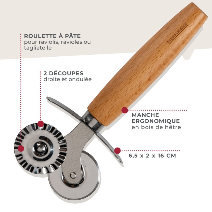 Roulette coupe-pâte double embout Pizza & Pasta en bois et inox - 16 cm