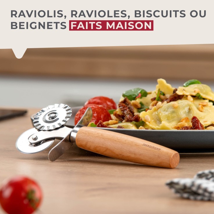 Roulette coupe-pâte double embout Pizza & Pasta en bois et inox - 16 cm