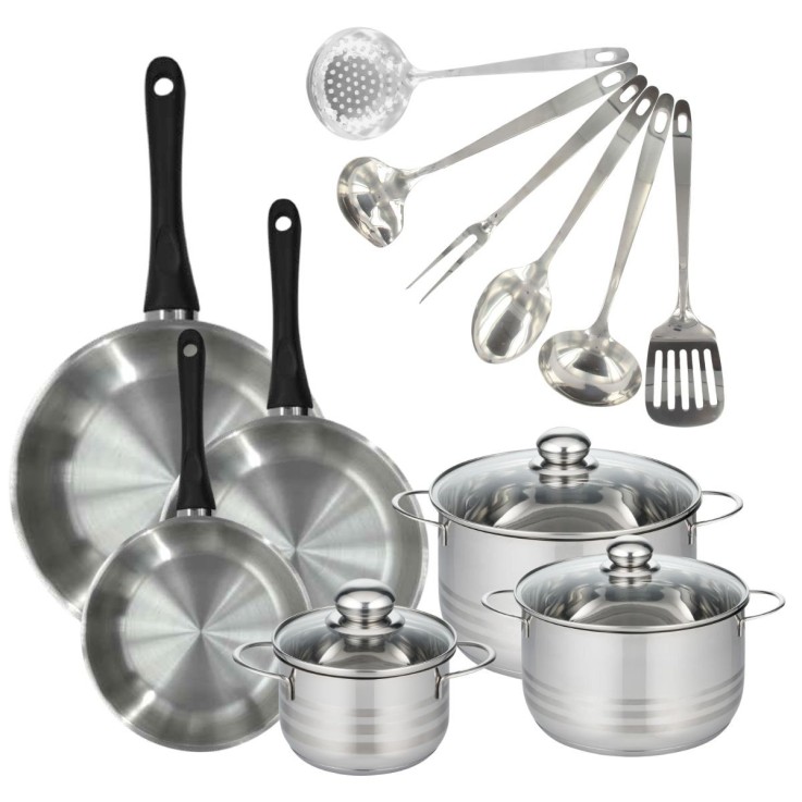 Batterie de cuisine Généva en inox - 3 poêles, 3 faitouts, 6 ustensiles