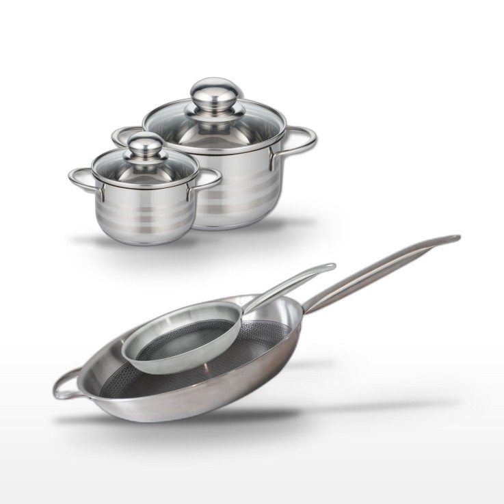 Batterie de cuisine Relief Solution en inox - 2 faitouts 12/16 cm - 2 poêles 24/32 cm
