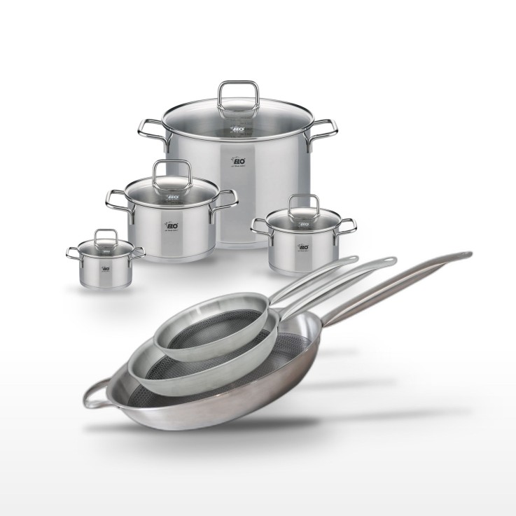 Batterie de cuisine Relief Solution Citrin en inox - 3 poêles, 4 faitouts