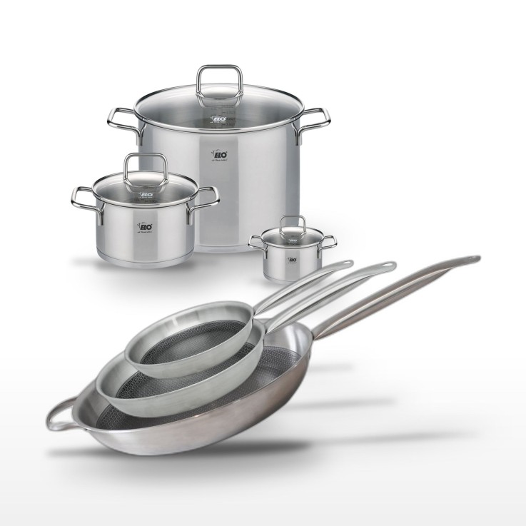 Batterie de cuisine en inox - poêles 24/28 cm et faitouts 12/20/26 cm