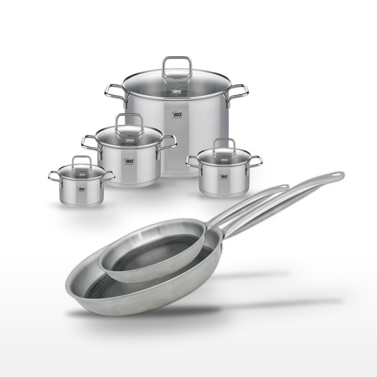 Batterie de cuisine Relief Solution en inox - 4 faitouts et 2 poêles