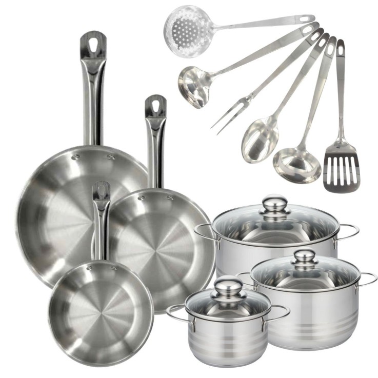 Batterie de cuisine Eterna en inox - 3 poêles, 3 faitouts, 6 ustensiles