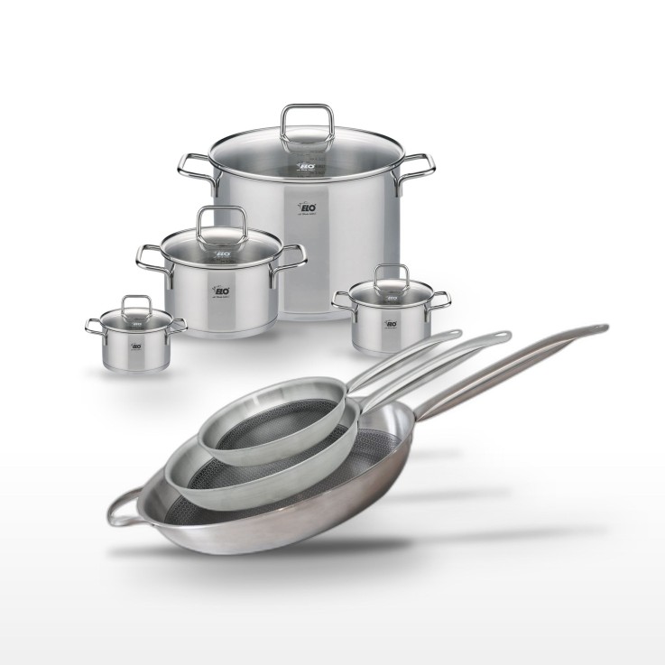 Batterie de cuisine Relief Solution en inox - 24/28/32 cm - 12/14/20/26 cm - grise