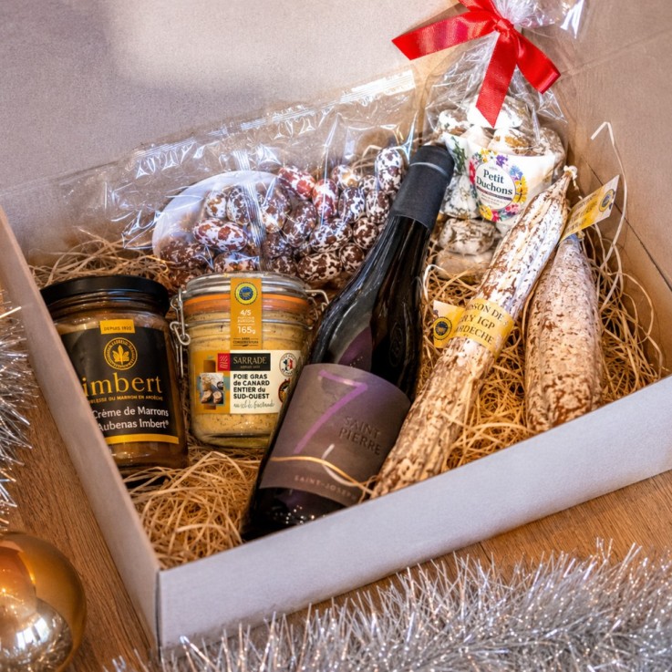 Panier Gourmand de Noël - Saucissons IGP Ardèche, Foie Gras et Vin Rouge Côtes du Rhône
