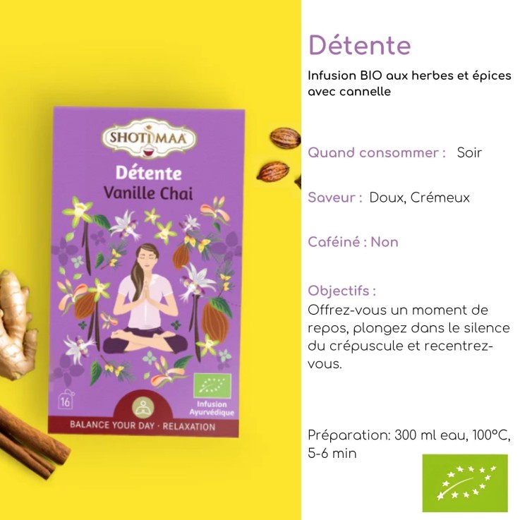 Infusion bio sans caféine Détente, 16 sachets de 2 g