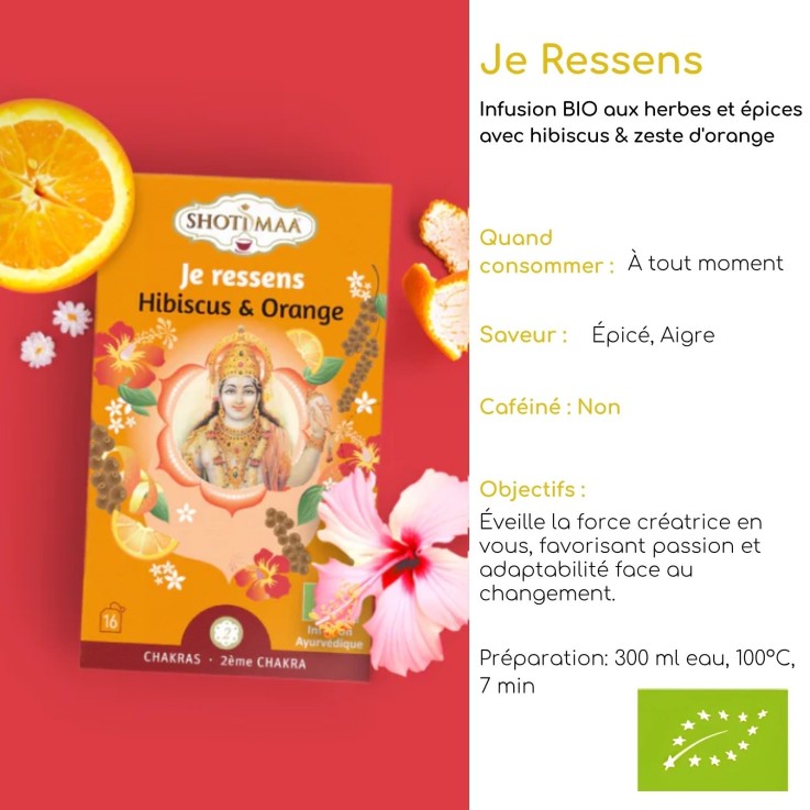 Tisane biologique Je ressens, hibiscus et orange, 16 sachets