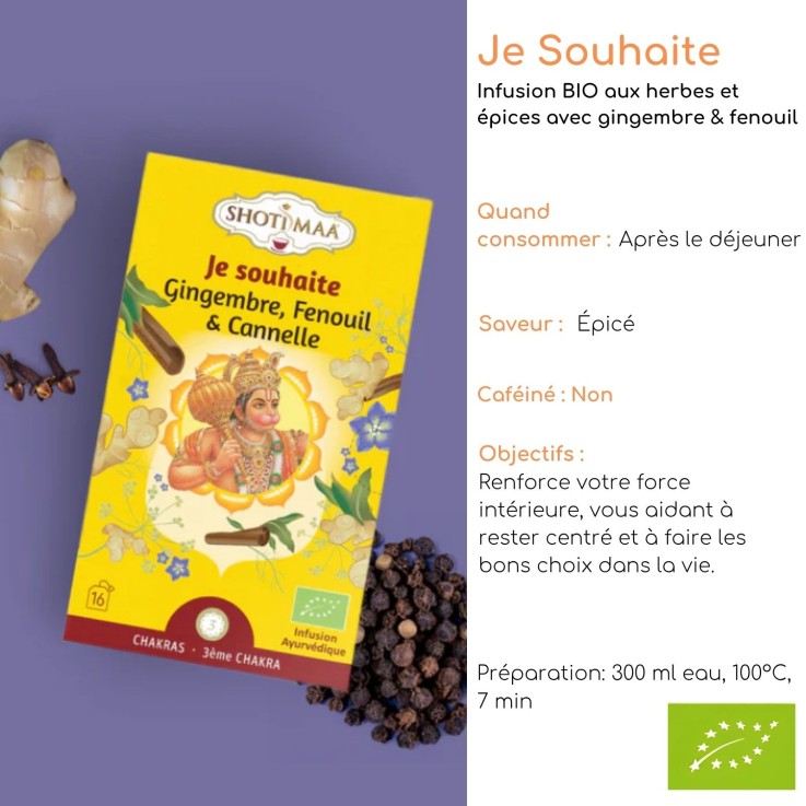 Tisane biologique Je souhaite, gingembre et fenouil, 16 sachets