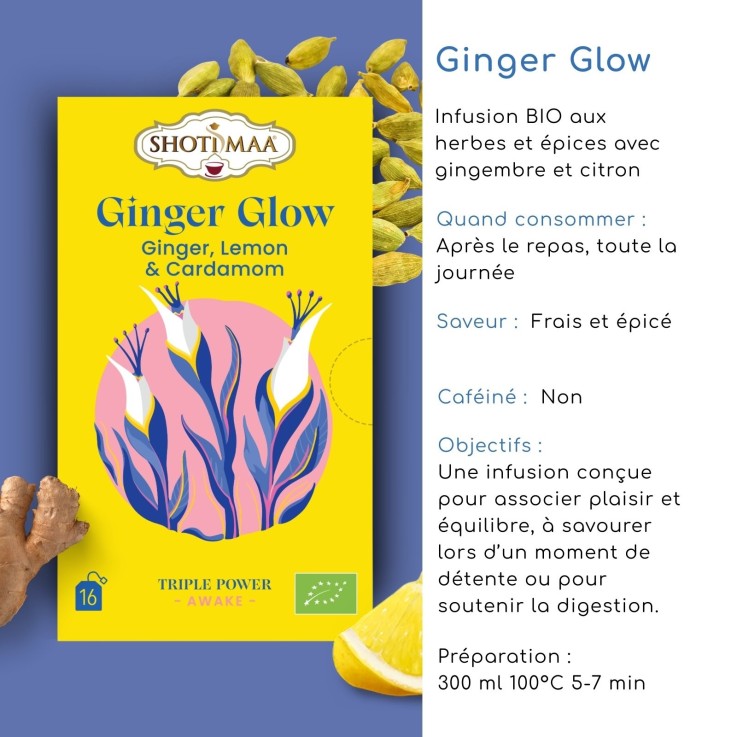 Tisane biologique sans thé ni caféine Ginger Glow, 16 sachets
