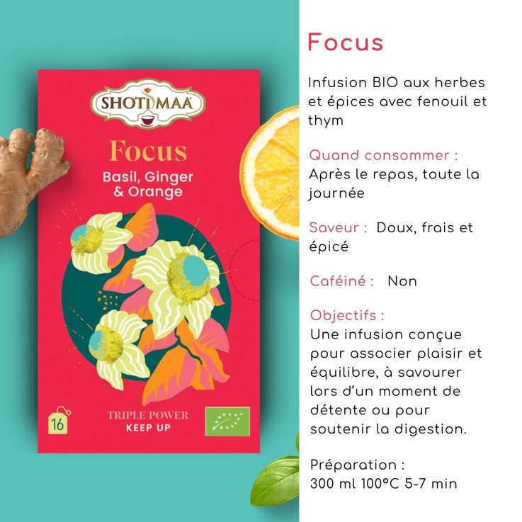 Tisane bio sans caféine Focus, basilic et gingembre, 32 g