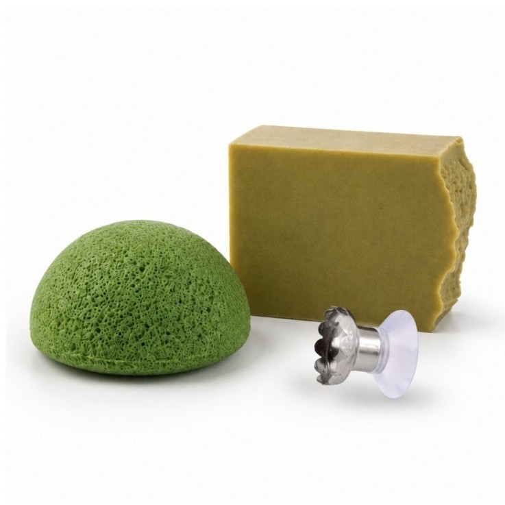 Trio d’hygiène naturelle - éponge konjac au thé vert, savon bio et porte-savon magnétique