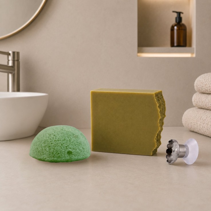 Trio d’hygiène naturelle - éponge konjac au thé vert, savon bio et porte-savon magnétique
