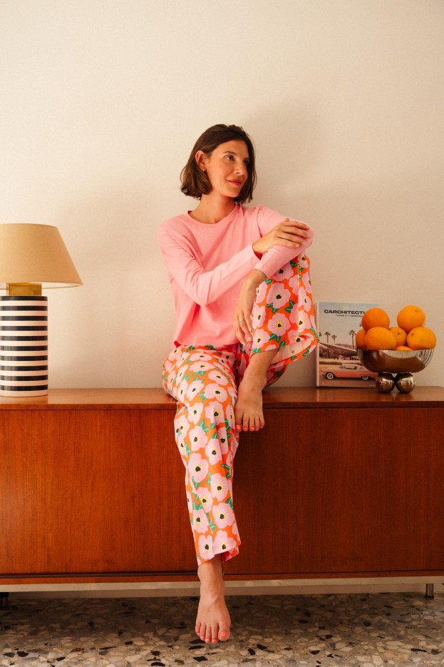 Pyjama long Bougainvillier Orange - haut oversize - pantalon imprimé fleuri - coton biologique