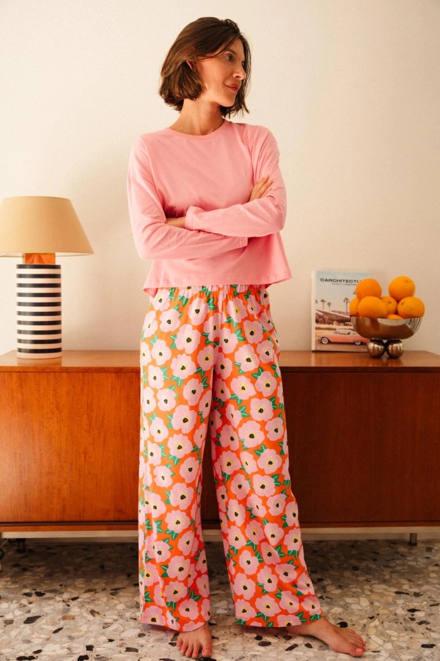 Pyjama long Bougainvillier Orange - haut oversize - pantalon imprimé fleuri - coton biologique
