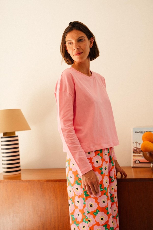 Pyjama long Bougainvillier Orange - haut oversize - pantalon imprimé fleuri - coton biologique