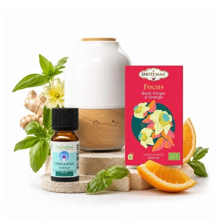 Diffuseur d’huiles essentielles Purisia en bois et céramique avec synergie et tisane Focus