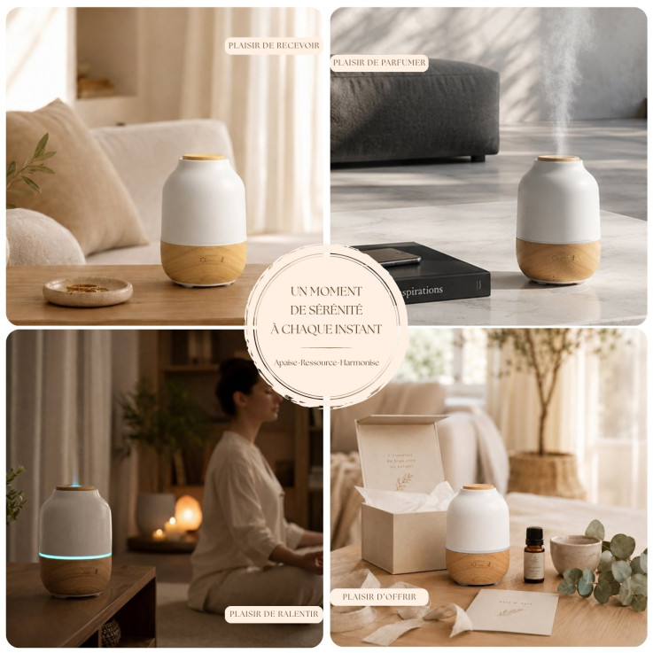 Diffuseur d’huiles essentielles Purisia en bois et céramique avec synergie et tisane Focus
