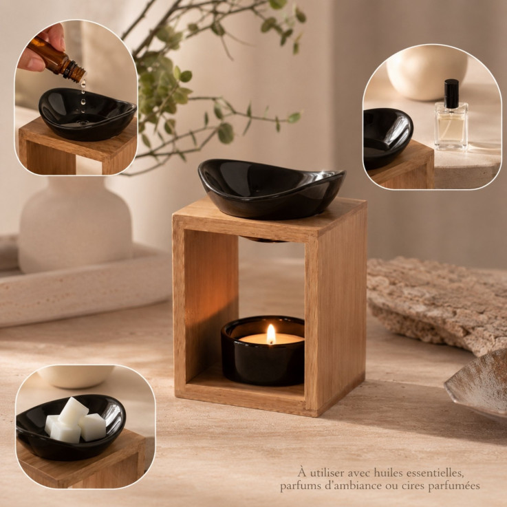 Brûle-parfum en céramique noire et bambou Naturéa Kalos 55 ml