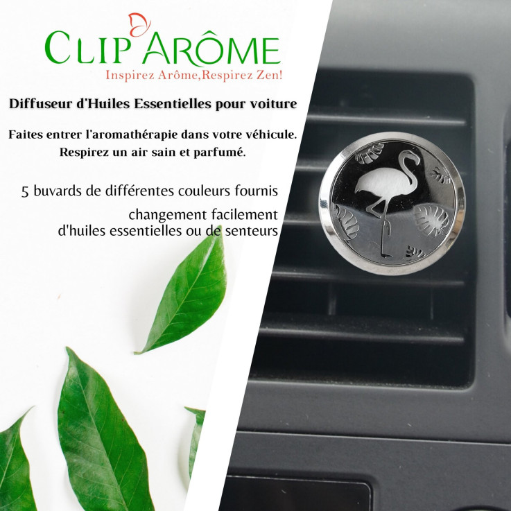 Diffuseur voiture en inox Clip'Arôme flamant rose