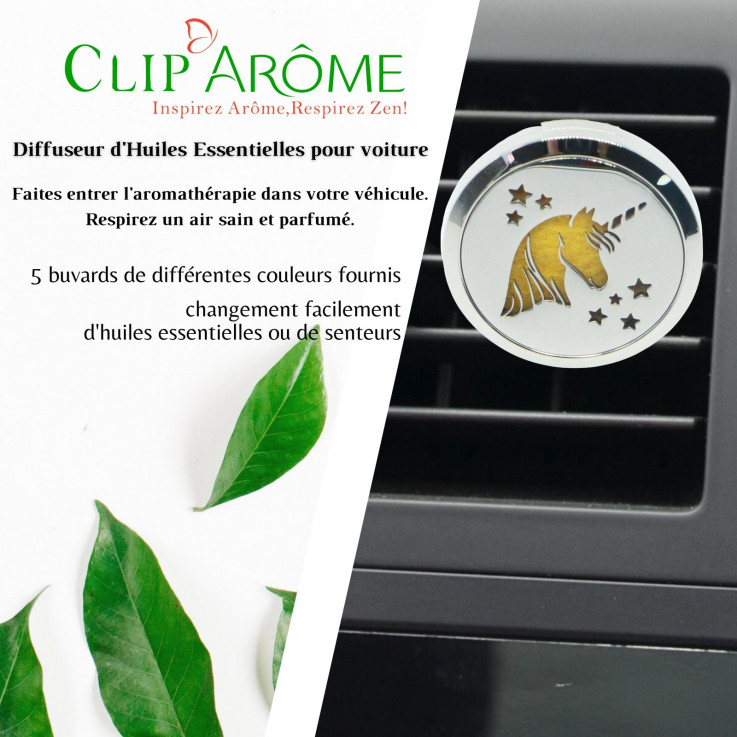 Diffuseur voiture en inox Clip’Arôme licorne