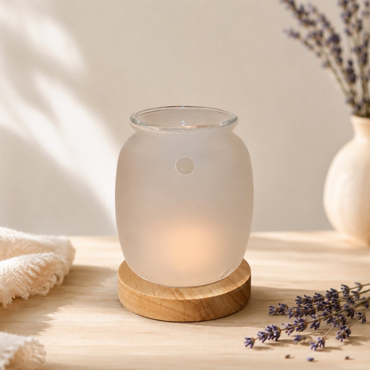 Brûle-parfum en verre givré et bois Siete, 50 ml