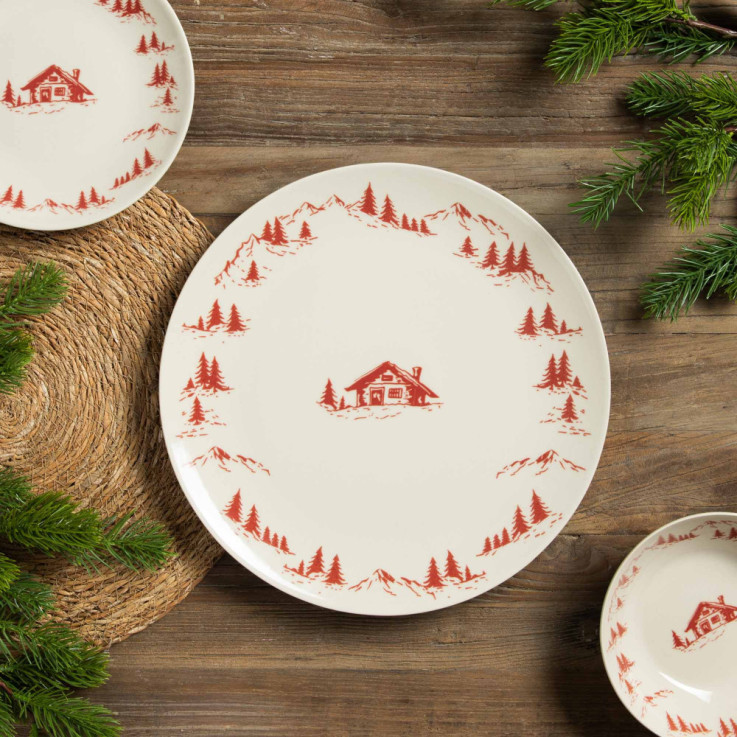 Plat rond Alpages rouge 32 cm en grès - Vaisselle de Noël