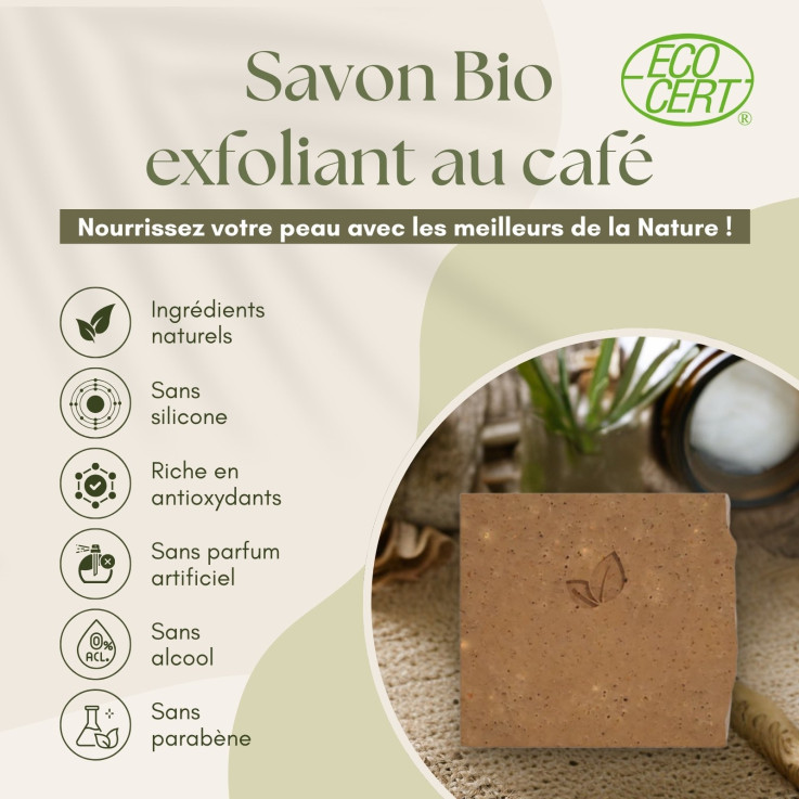Savon exfoliant au café bio avec porte-savon magnétique, 120 g
