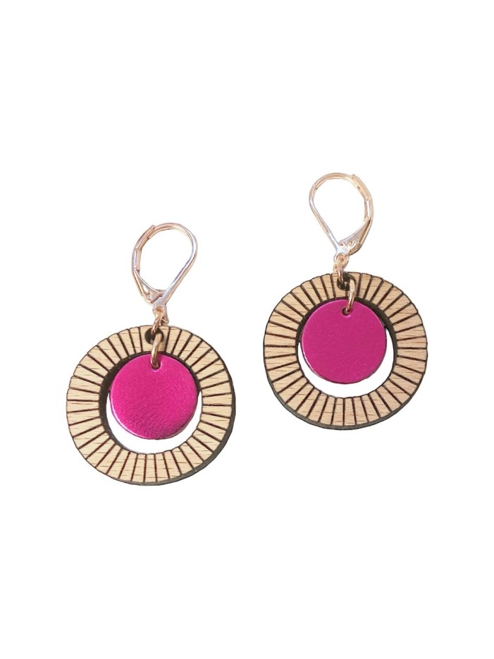 Boucles d'oreilles en bois BULLE Fuchsia