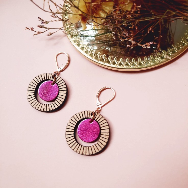 Boucles d'oreilles en bois BULLE Fuchsia