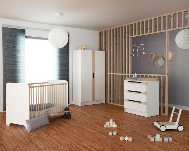 Chambre bébé lit, commode à langer et armoire en bois CARROUSEL