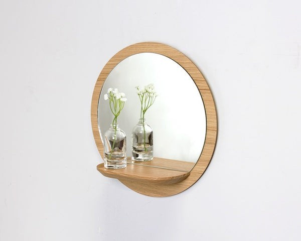 Miroir mural rond avec tablette Sunrise en bois D40cm