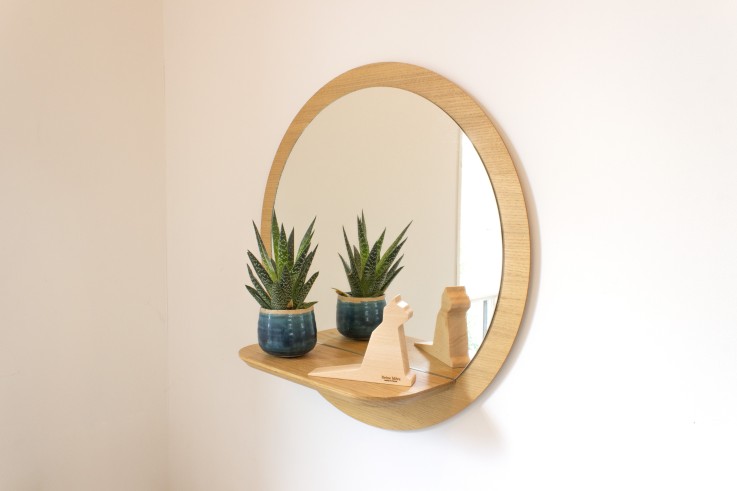 Miroir mural rond avec tablette Sunrise en bois D48cm