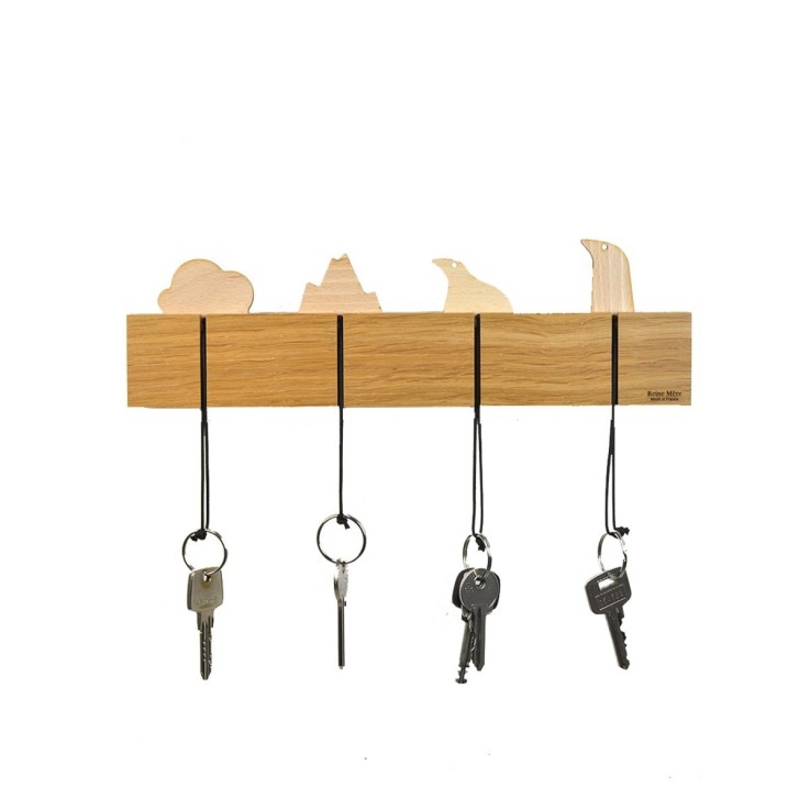 Porte-clés mural et 4 porte-clés Paysage en bois