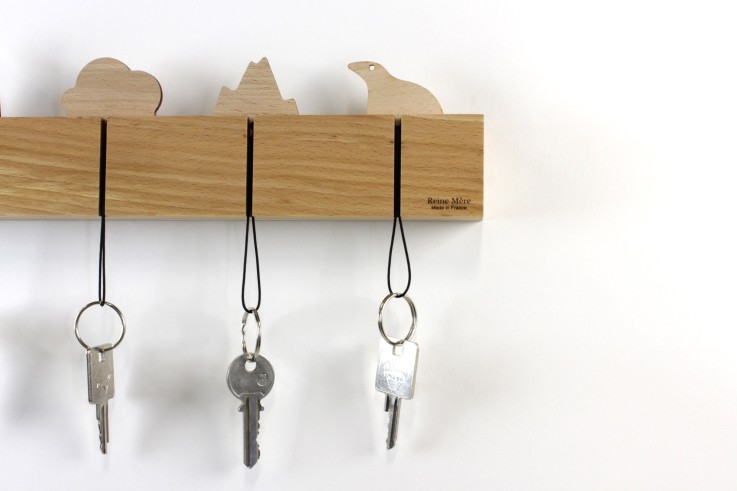 Porte-clés mural et 4 porte-clés Paysage en bois