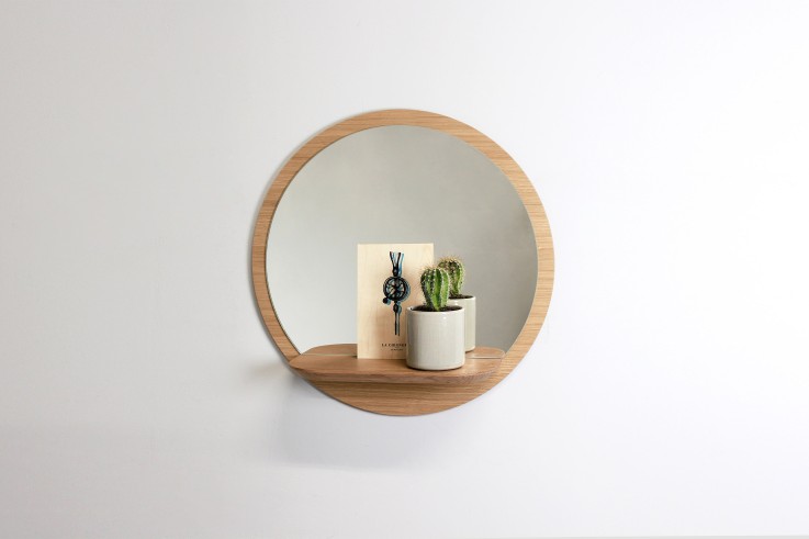 Miroir mural rond avec tablette Sunrise en bois D40cm