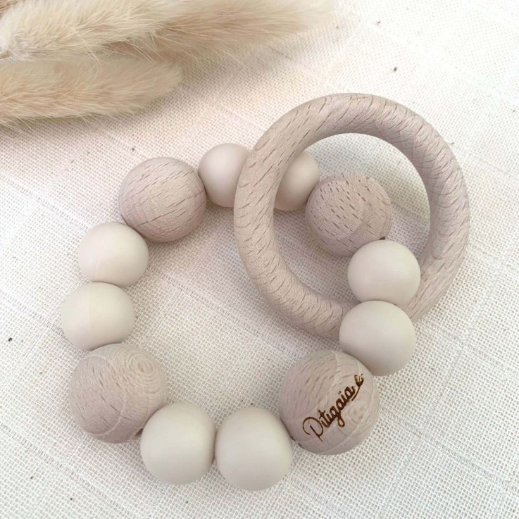 Hochet de dentition en silicone et bois de hêtre naturel