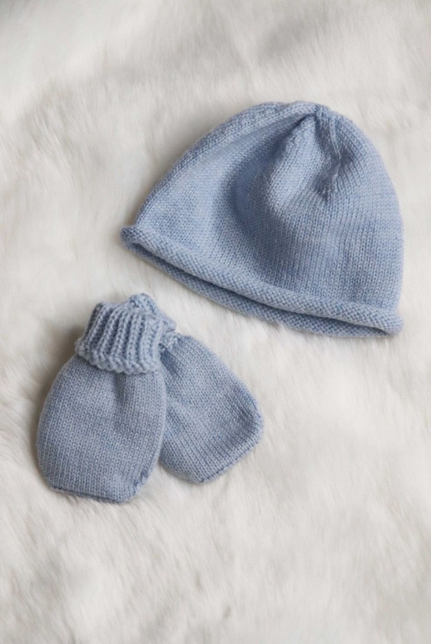 Bonnet et moufles naissance Perinne Laine mérinos
