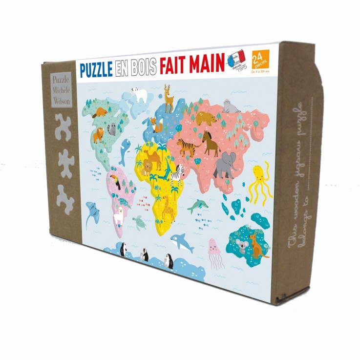 Puzzle en bois 24 pièces Carte du monde illustrée