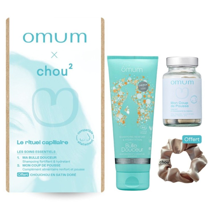 Coffret Cadeau Cheveux Omum & Chou² : 1 Chouchou satin offert + 1 Shampoing Douceur + 1 Complément Pousse