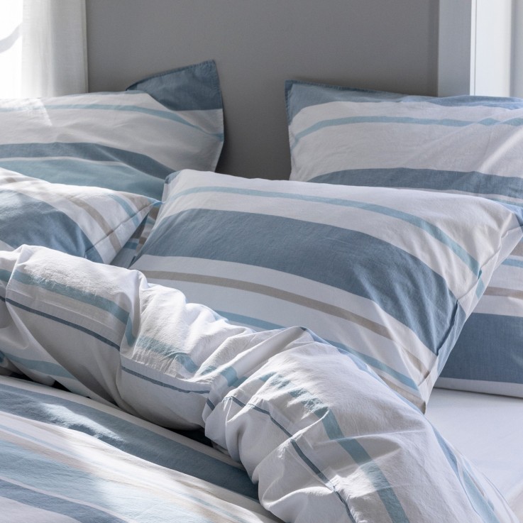 Taie d'oreiller Horizon Bayadère en percale de coton lavé