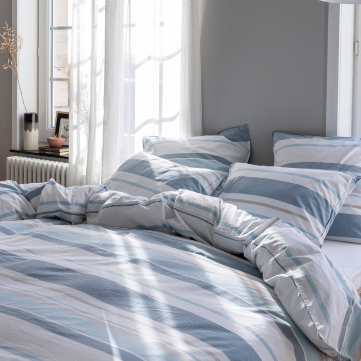 Housse de couette Horizon Bayadère en percale de coton lavé