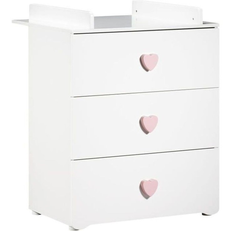 Commode à langer 3 tiroirs - Boutons coeur rose