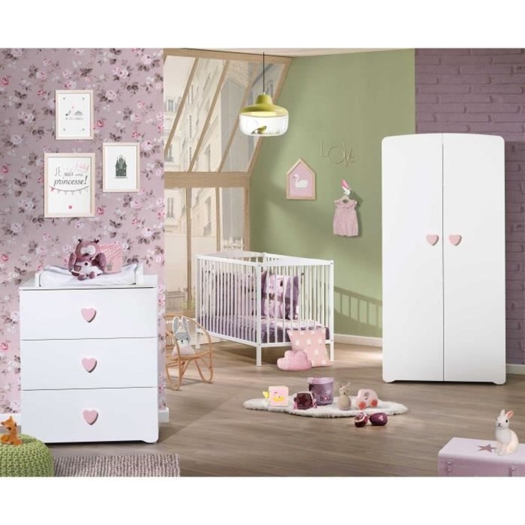 Commode à langer 3 tiroirs - Boutons coeur rose
