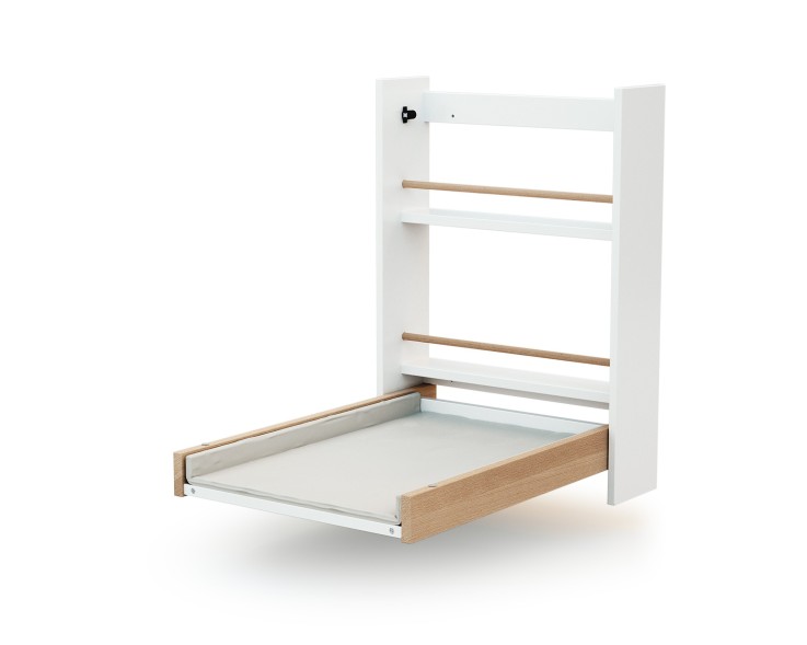Table à langer murale rabattable en bois avec matelas EAZY Blanc et Hêtre Verni