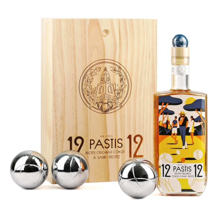 Coffret cadeau Pastis 12/12 et 3 boules de pétanque - Coffret bois 70cl + 3 boules